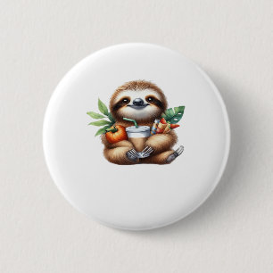Cute Baby Sloth with Pumpkin Coffee and Pancakes w 2 Inch Round Button