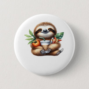 Cute Baby Sloth with Pumpkin Coffee and Pancakes w 2 Inch Round Button