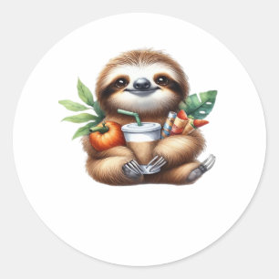 Cute Baby Sloth with Pumpkin Coffee and Pancakes w Classic Round Sticker