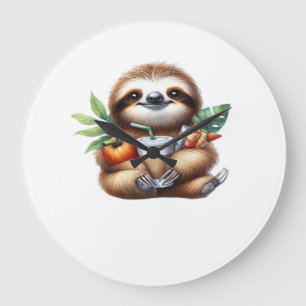 Cute Baby Sloth with Pumpkin Coffee and Pancakes w Large Clock