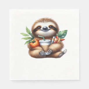 Cute Baby Sloth with Pumpkin Coffee and Pancakes w Napkin