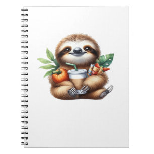 Cute Baby Sloth with Pumpkin Coffee and Pancakes w Notebook