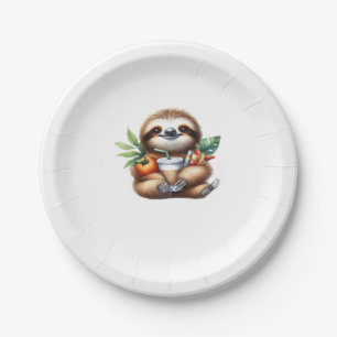 Cute Baby Sloth with Pumpkin Coffee and Pancakes w Paper Plate