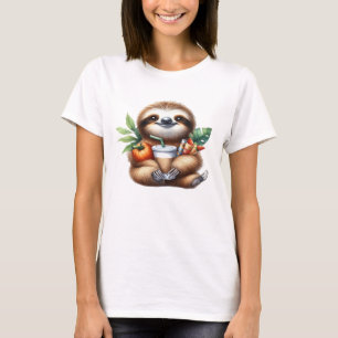 Cute Baby Sloth with Pumpkin Coffee and Pancakes w T-Shirt