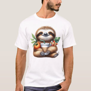 Cute Baby Sloth with Pumpkin Coffee and Pancakes w T-Shirt