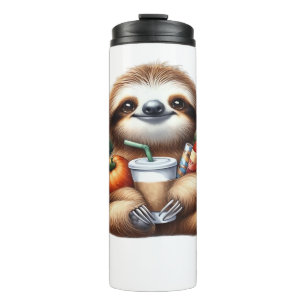 Cute Baby Sloth with Pumpkin Coffee and Pancakes w Thermal Tumbler
