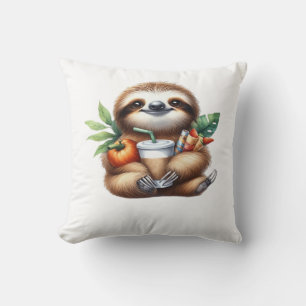 Cute Baby Sloth with Pumpkin Coffee and Pancakes w Throw Pillow