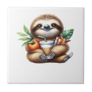 Cute Baby Sloth with Pumpkin Coffee and Pancakes w Tile