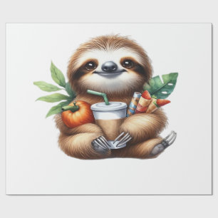 Cute Baby Sloth with Pumpkin Coffee and Pancakes w Wrapping Paper