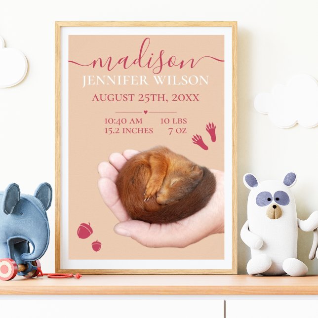 Cute baby squirrel announcement Baby girl wall Poster (Creator Uploaded)