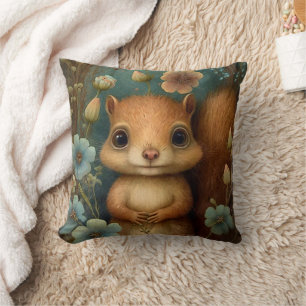 Cute Baby Squirrel Blue Flowers Painting Throw Pillow