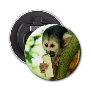 Cute Baby Squirrel Monkey Eating a Wafer Biscuit Bottle Opener