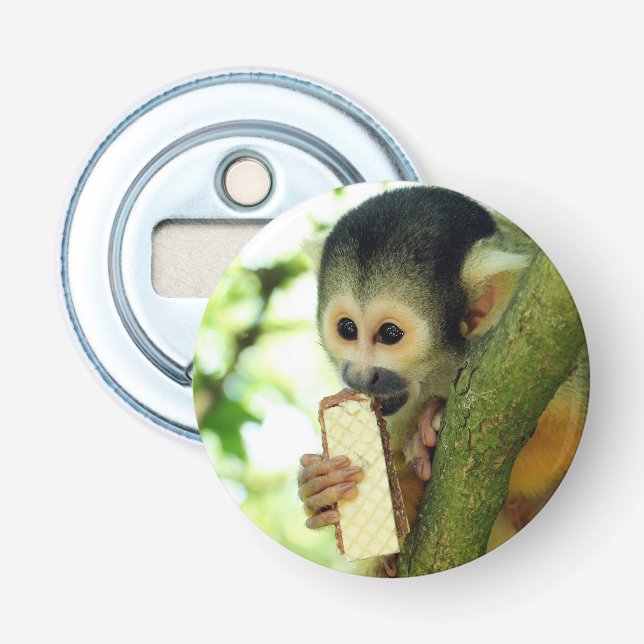 Cute Baby Squirrel Monkey Eating a Wafer Biscuit Bottle Opener (Front)