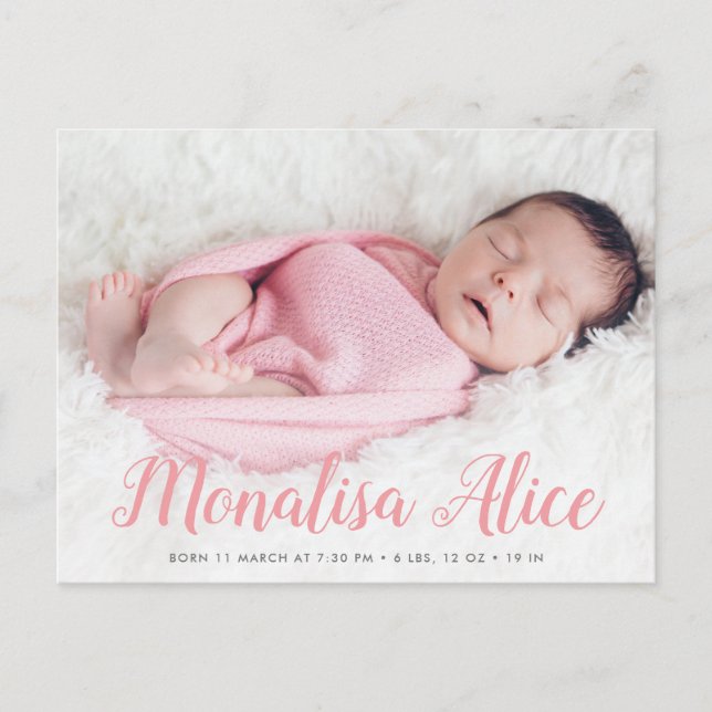 cute baby stylish script birth announcement photo postcard (Front)