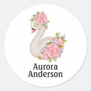 Cute Baby Swan avec Sticker rond Rose classique