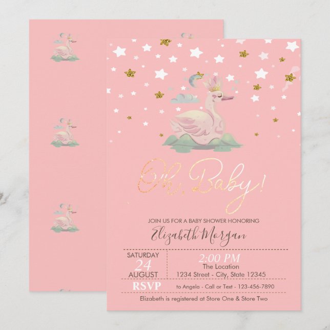 Cute Baby Swan Crown Stars Pink Baby Shower  Invitation (Front/Back)