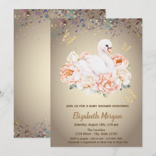 Cute Baby Swan Roses Confetti Baby Shower Invitation