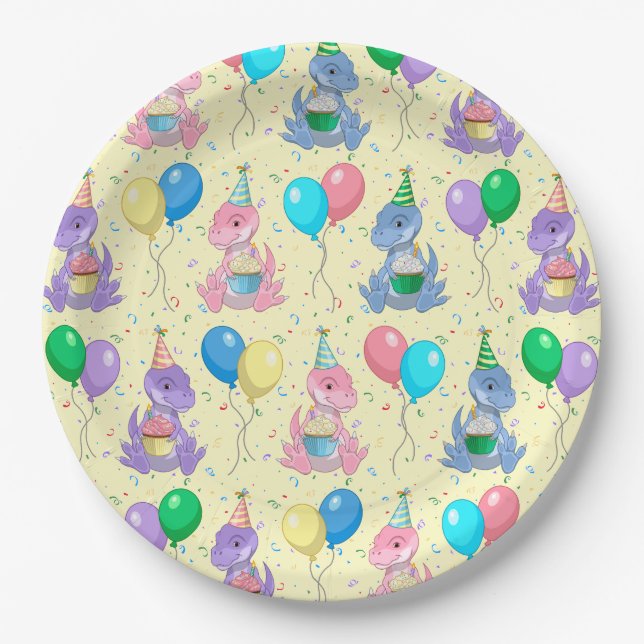 Cute Baby T-Rex Dinosaur Birthday Paper Plate (Front)