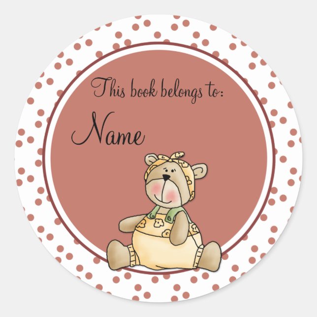 Cute baby teddy baer bookplate classic round sticker (Front)