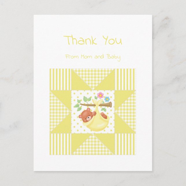 Cute Baby Thank You Yellow Bear Quilt Pattern Postcard (Front)