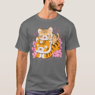 Cute Baby Tiger and Mom Pink Sakura Kawaii  T-Shirt