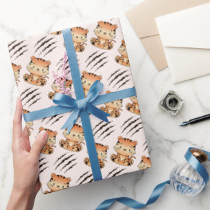 Cute Baby Tiger Craw Scratching Kids Birthday Wrapping Paper