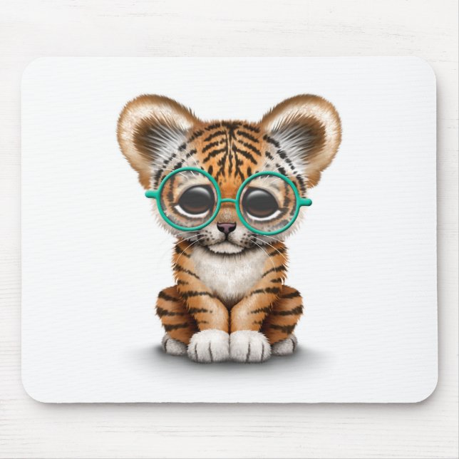 Cute Baby Tiger Cub Wearing Glasses on White Mouse Pad (Front)