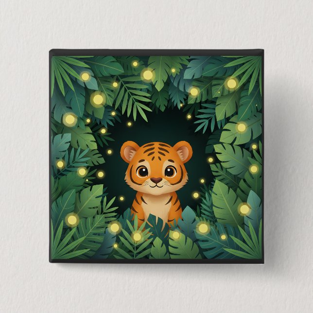 Cute Baby Tiger Jungle Adorable Firefly Forest 2 Inch Square Button (Front)