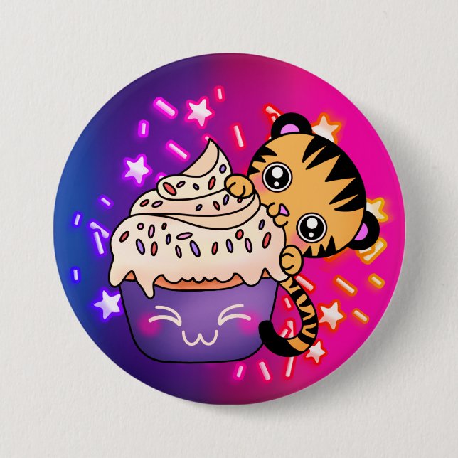 Cute Baby Tiger with Cosmic Star Cupcake 3 Inch Round Button (Front)
