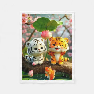 Cute Baby Tigers And Fish Lotus Pond Fleece Blanke Blanket