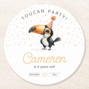 Cute baby toucan, kid’s birthday celebration  round paper coaster