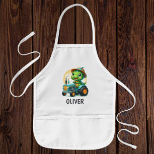 Cute Baby Trex Dinosaur Driving a Blue Tractor  Kids Apron