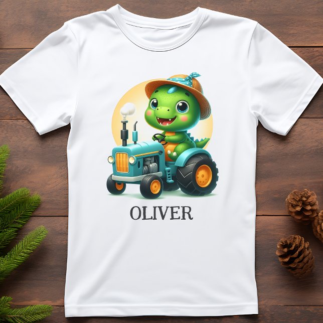 Cute Baby Trex Dinosaur Driving a Blue Tractor T-Shirt (Creator Uploaded)