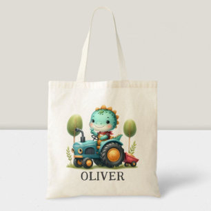 Cute Baby Trex Dinosaur on a Blue Tractor Tote Bag