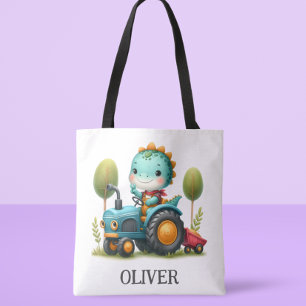 Cute Baby Trex Dinosaur on a Blue Tractor Tote Bag