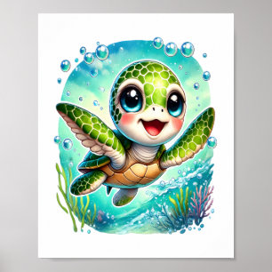 Cute Baby Turtle Swimming in Ocean Poster