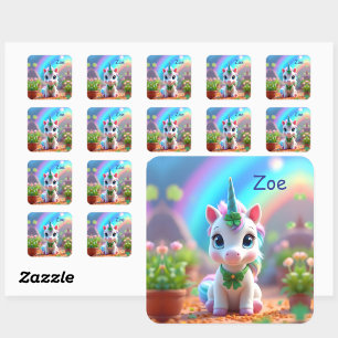 Cute baby unicorn and rainbow, girls birthday  square sticker