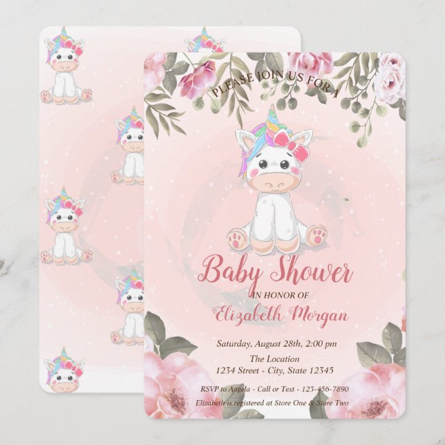 Cute Baby Unicorn, Floral Baby shower Invitation (Devant / Derrière)
