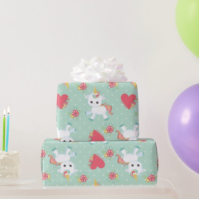 Cute Baby Unicorn Polka Dot Pattern Birthday Wrapping Paper (Party Gifts)