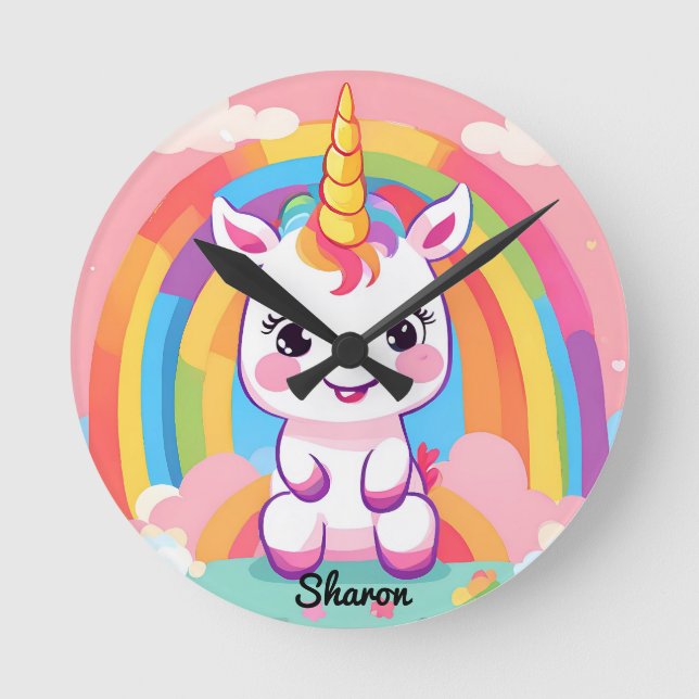 Cute Baby Unicorn Rainbow Round Clock (Front)