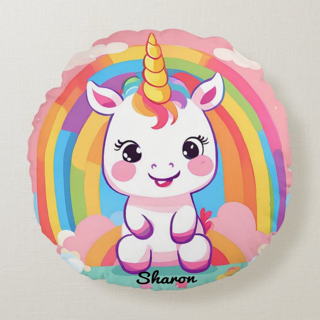 Cute Baby Unicorn Rainbow Round Pillow (Front)