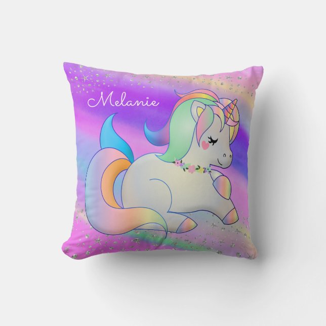 Cute Baby Unicorn Silver Stars Rainbow Throw Pillow (Front)