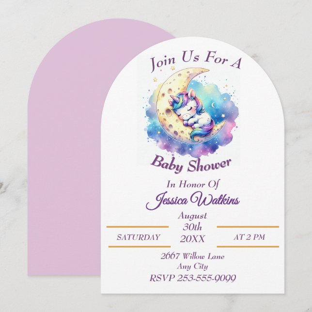 Cute Baby Unicorn Sleeping on a Half Moon Invitation (Front/Back)