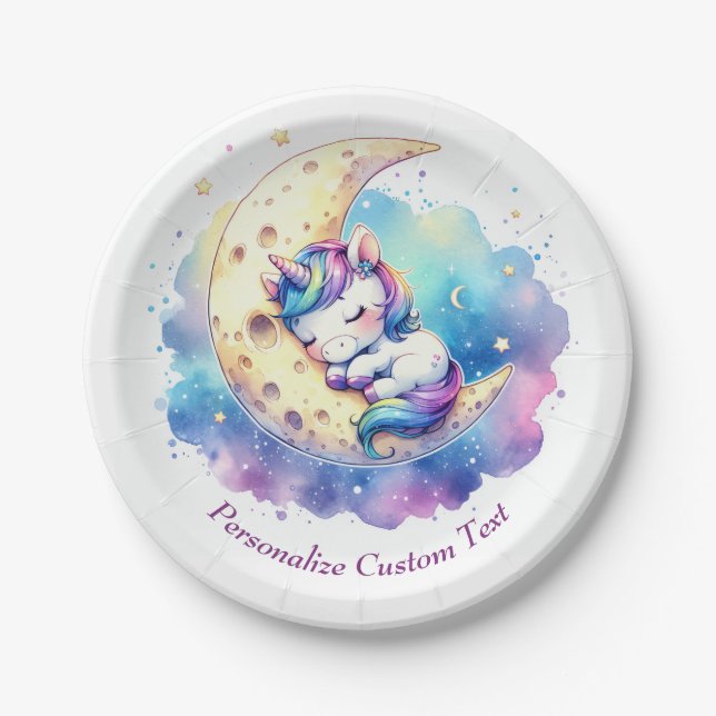 Cute Baby Unicorn Sleeping on the Moon Paper Plate (Front)
