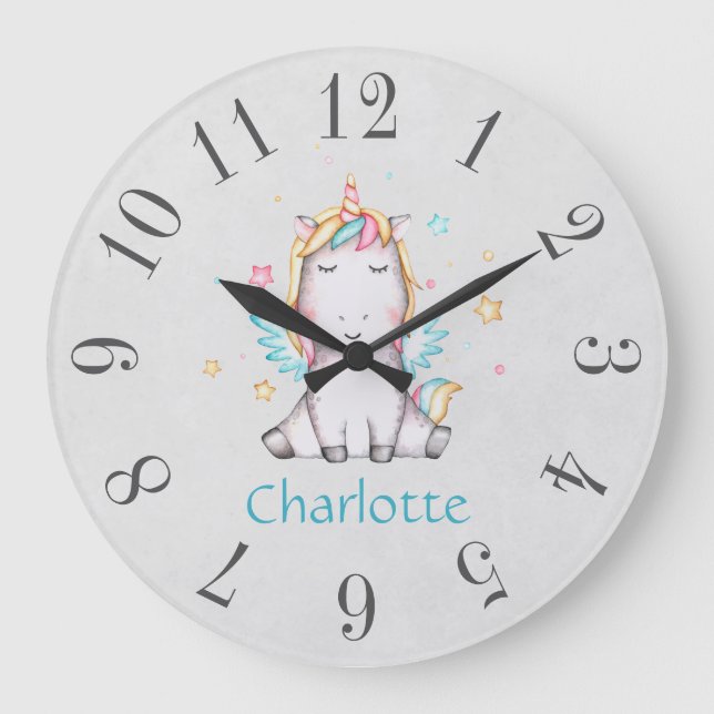 Cute Baby Unicorn Soft Grey & Teal Personalized Large Clock (Front)