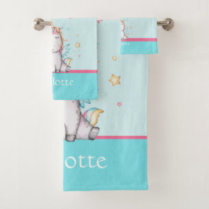 Cute Baby Unicorn Teal Blue Personalized Bath Towel Set