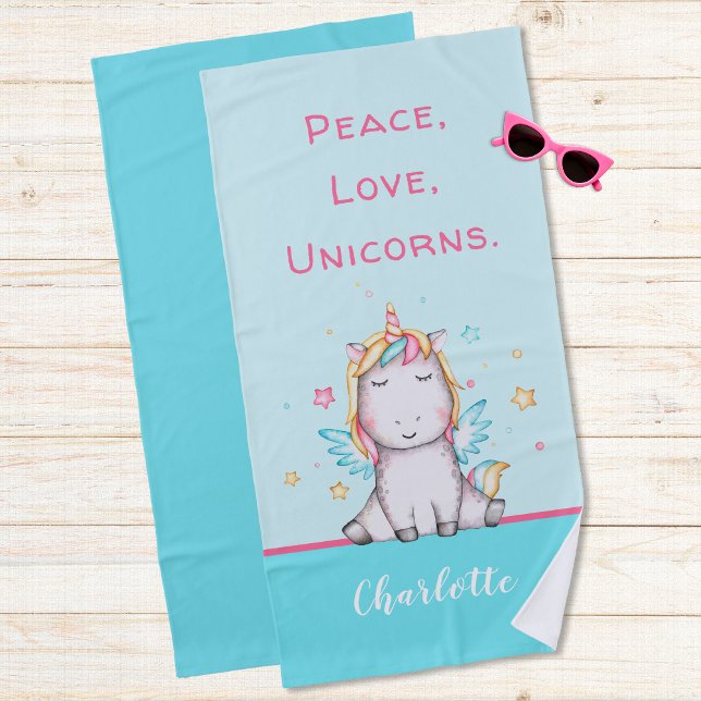 Cute Baby Unicorn Teal Personalized Beach Towel (Creator Uploaded)