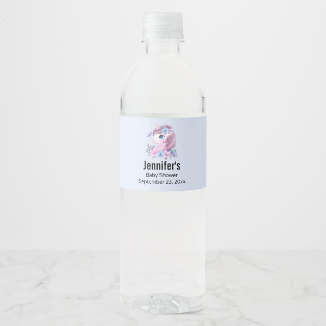  Cute Baby Unicorn with Big Eyes Baby Shower Water Bottle Label (Front)