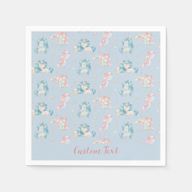 Cute Baby Unicorns Blue Pink Personalized Napkin (Front)