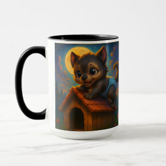 Cute Baby Werewolf on Dog House Fantasy Art Mug
